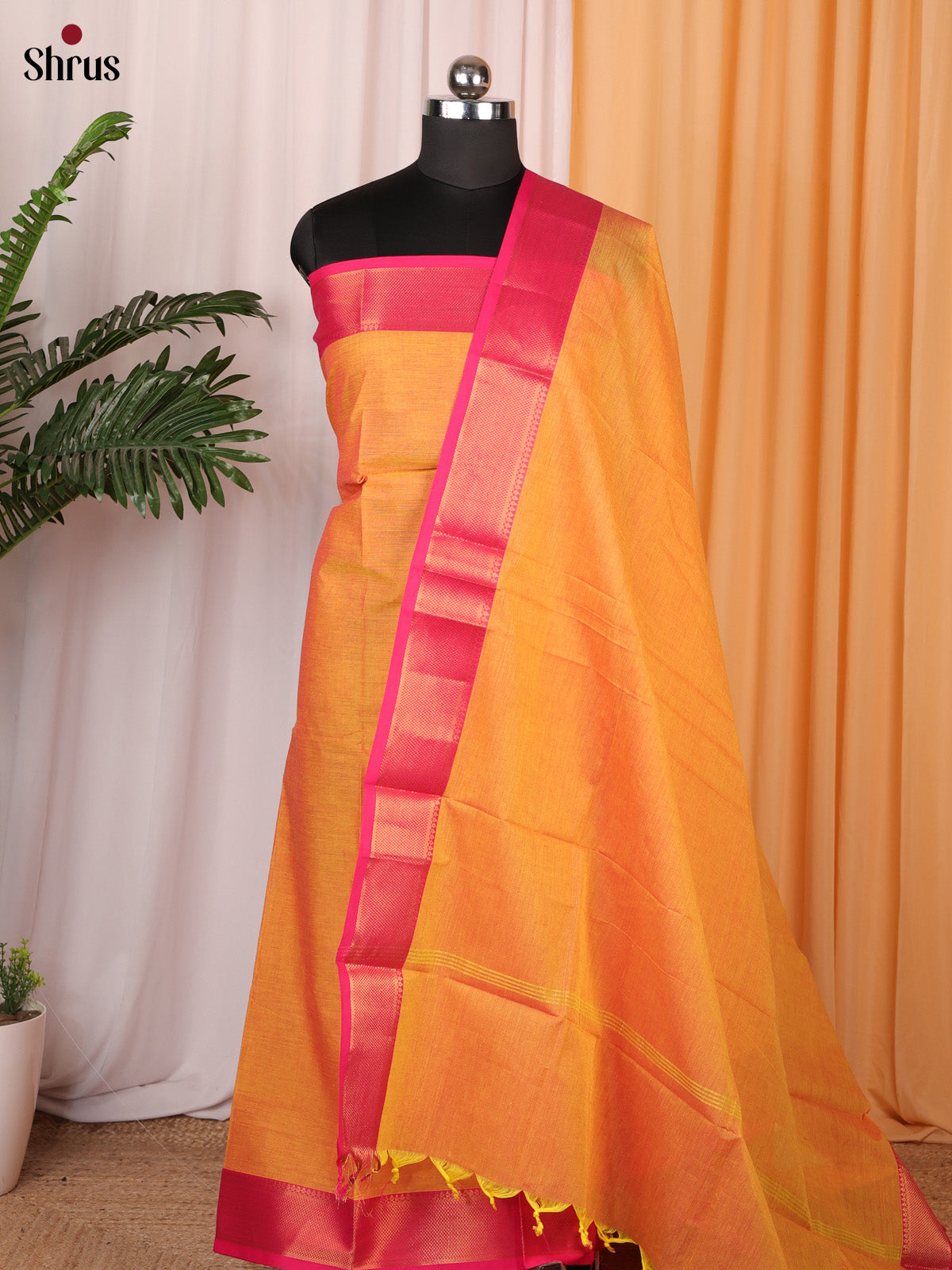 Orange & Pink-Chettinad Cotton Unstitched Top & Dupatta- CLS10065 - Shop on Shrus.com