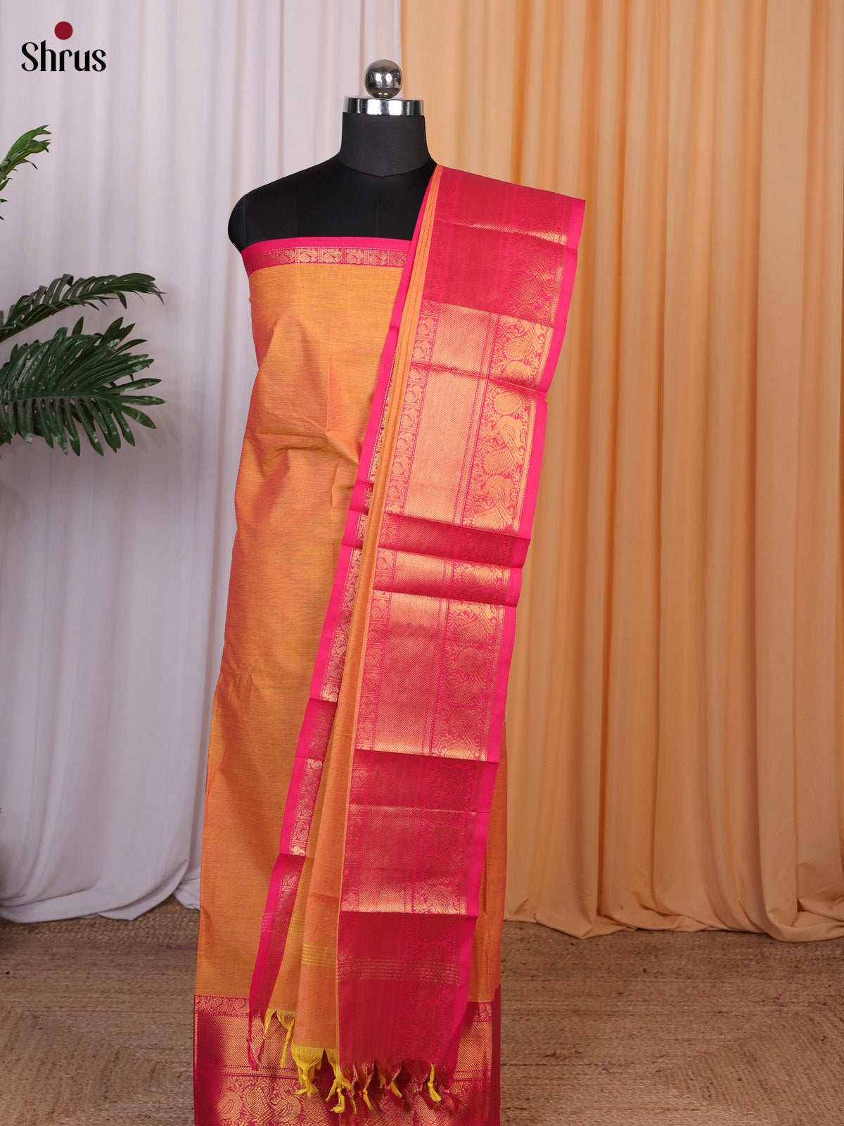 Orange & Pink- Chettinad Cotton Unstitched Top & Dupatta - CLS10071 - Shop on Shrus.com
