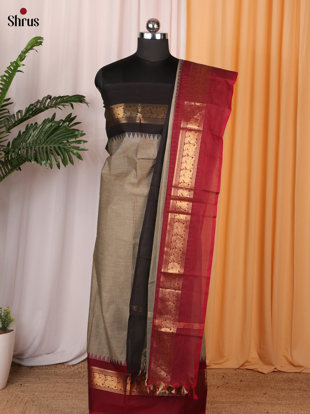 Grey & Maroon - chettinad top & dupatta combo - Shop on Shrus.com