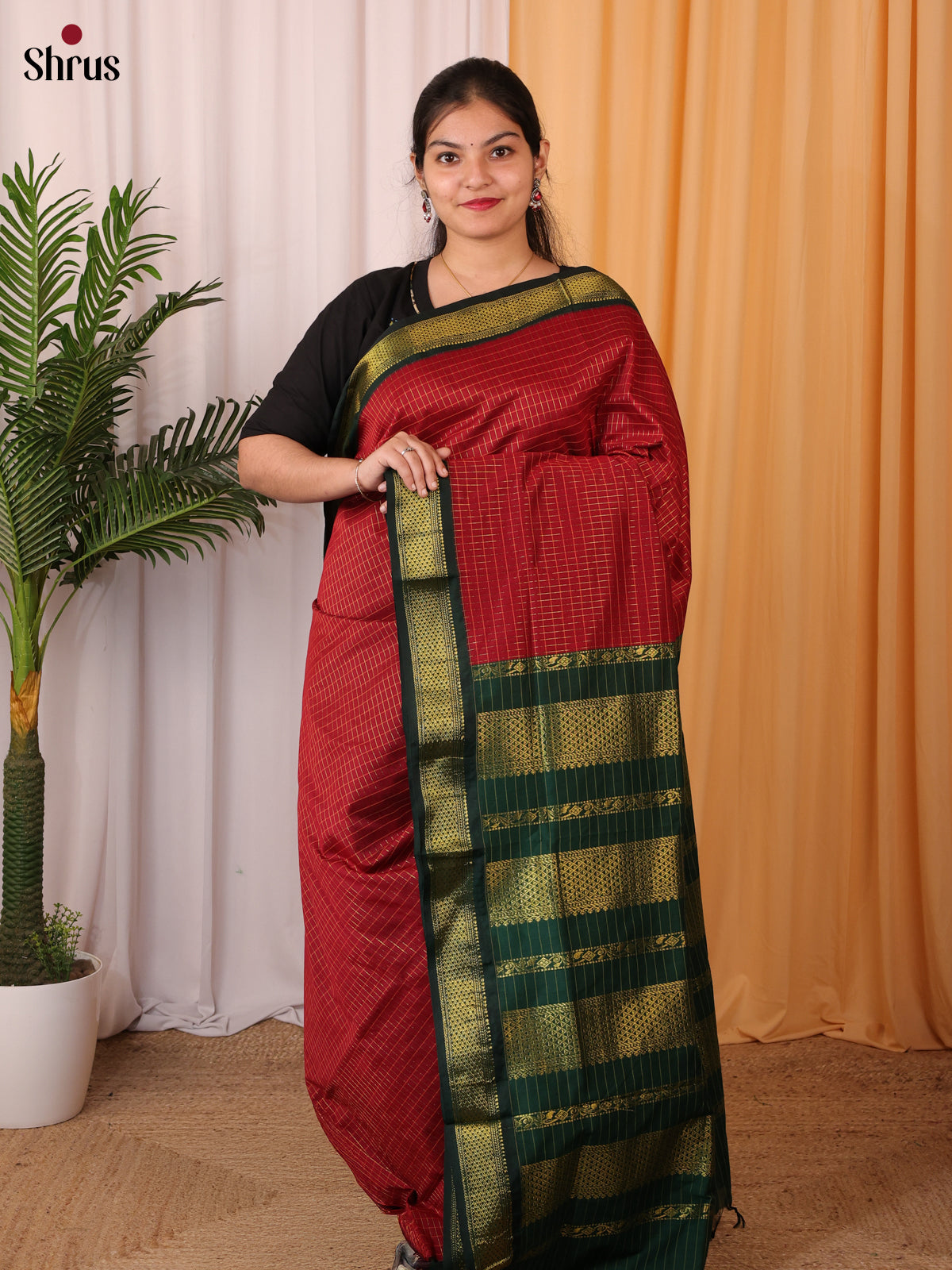 Maroon & Green - Kalyani Cotton Saree - Shop on Shrus.com