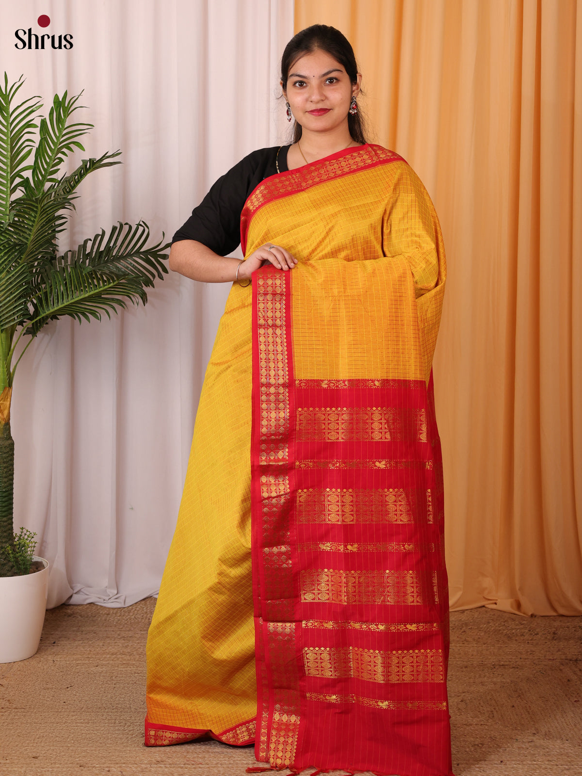 Mustard & Red - Kalyani Cotton Saree - Shop on Shrus.com
