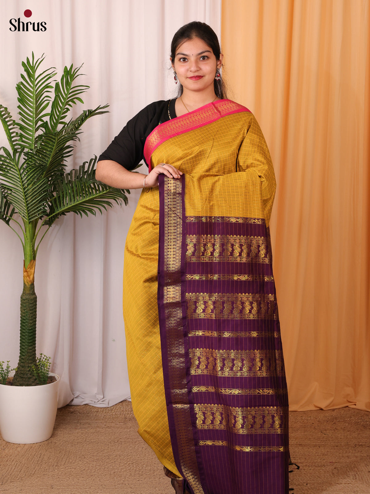 Mustard & Purple - Kalyani Cotton Saree - Shop on Shrus.com