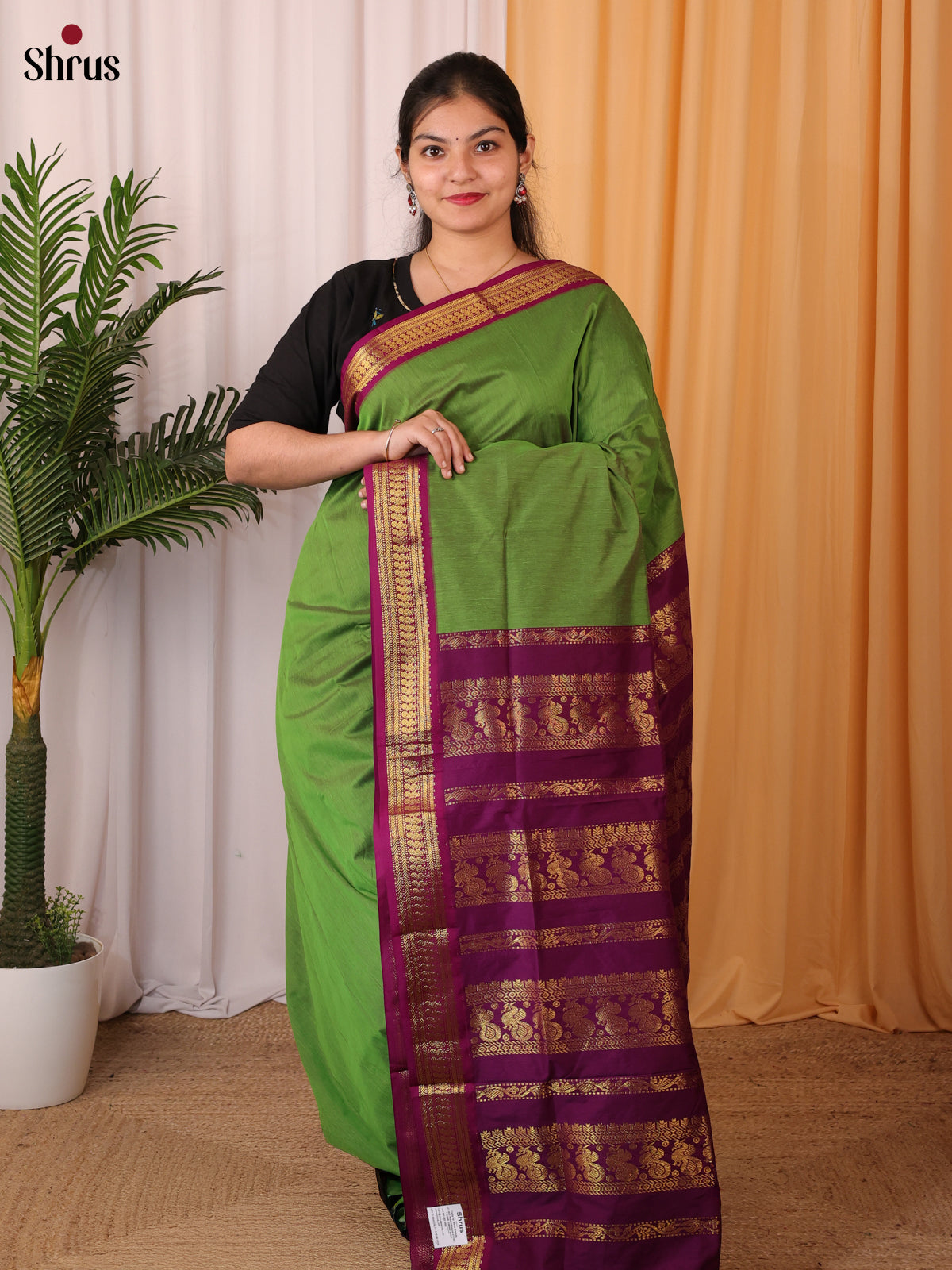 Leaf Green & Purple - Kalyani Cotton Saree - Shop on Shrus.com