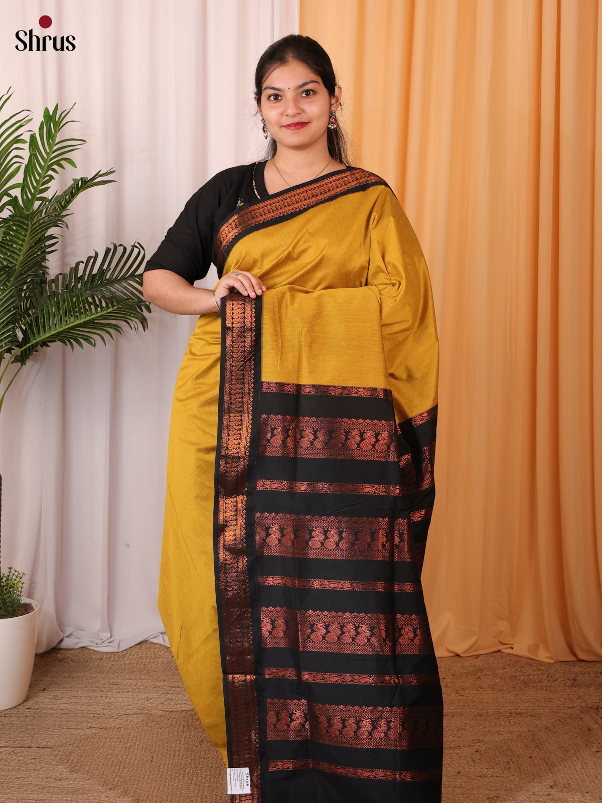 Mustard & Black - Kalyani Cotton Saree - Shop on Shrus.com