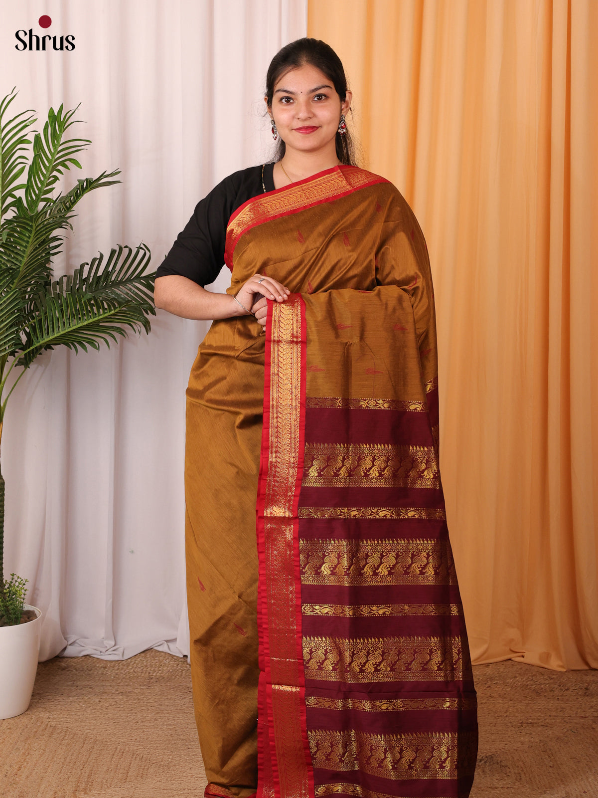 Dark Mustard & Maroon - Kalyani Cotton Saree - Shop on Shrus.com
