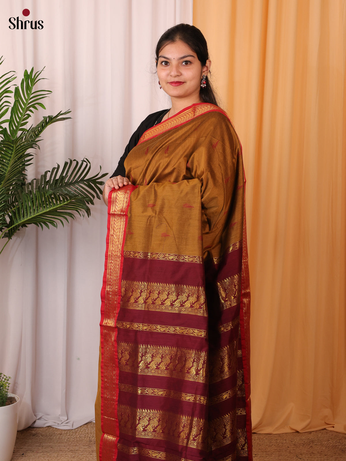 Dark Mustard & Maroon - Kalyani Cotton Saree - Shop on Shrus.com