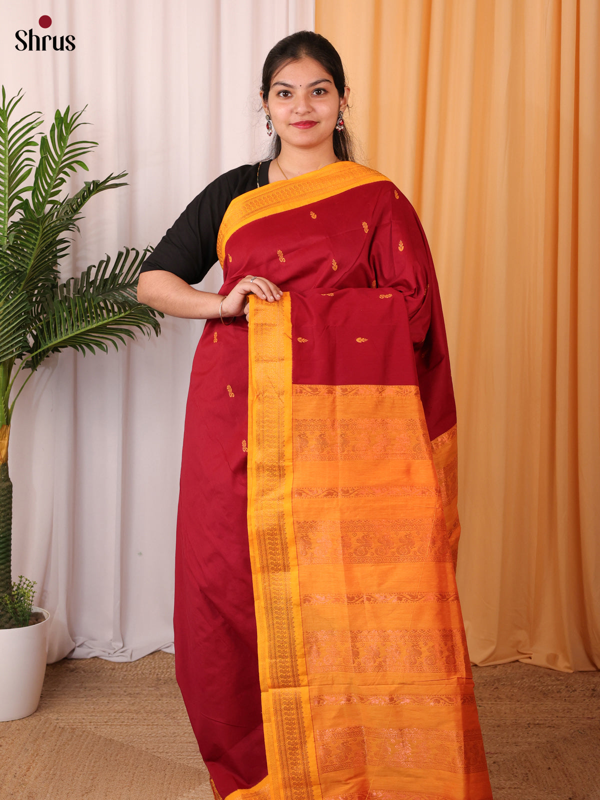 Maroon & Mustard- Kalyani Cotton Saree - Shop on Shrus.com