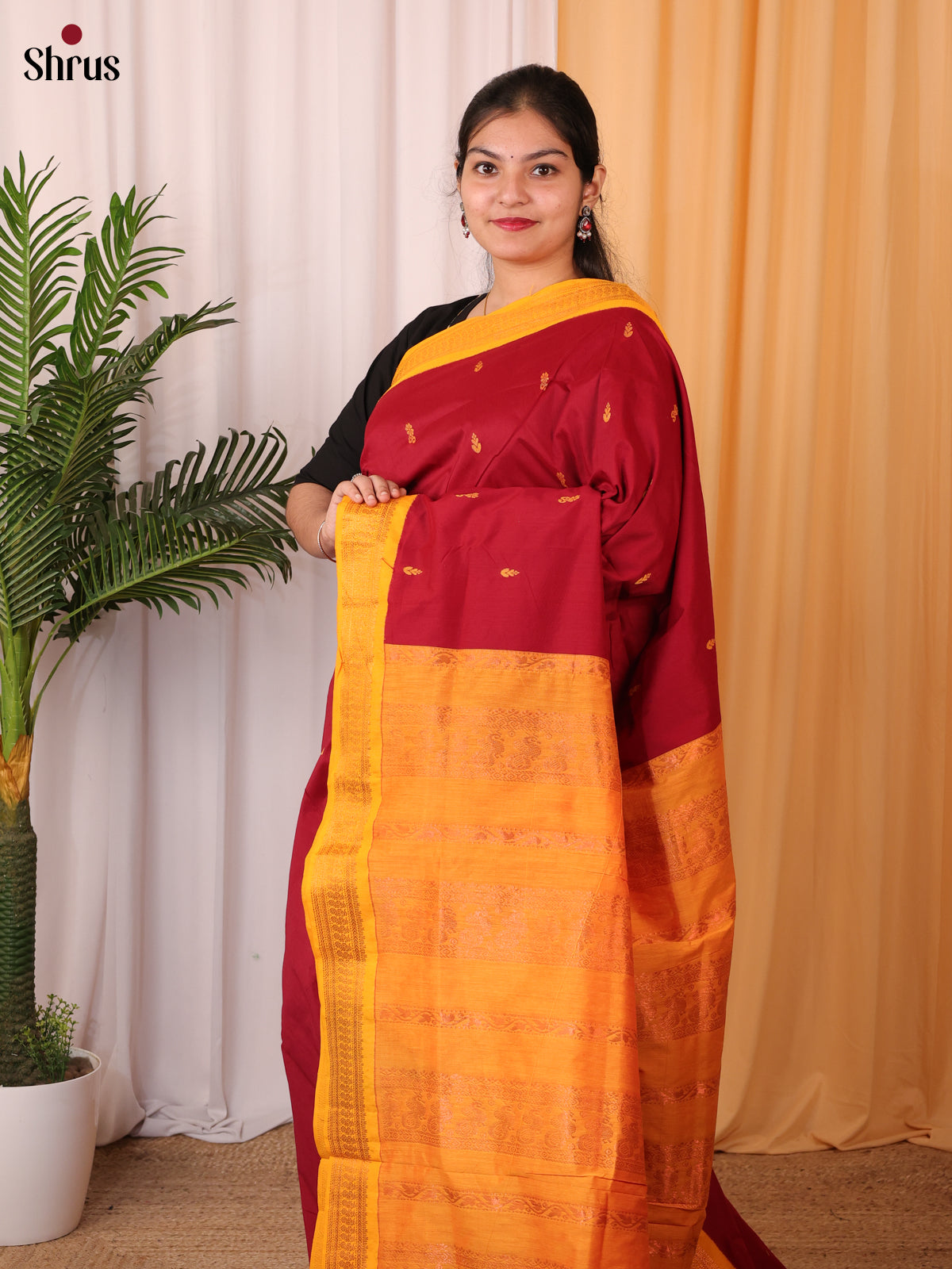Maroon & Mustard- Kalyani Cotton Saree - Shop on Shrus.com