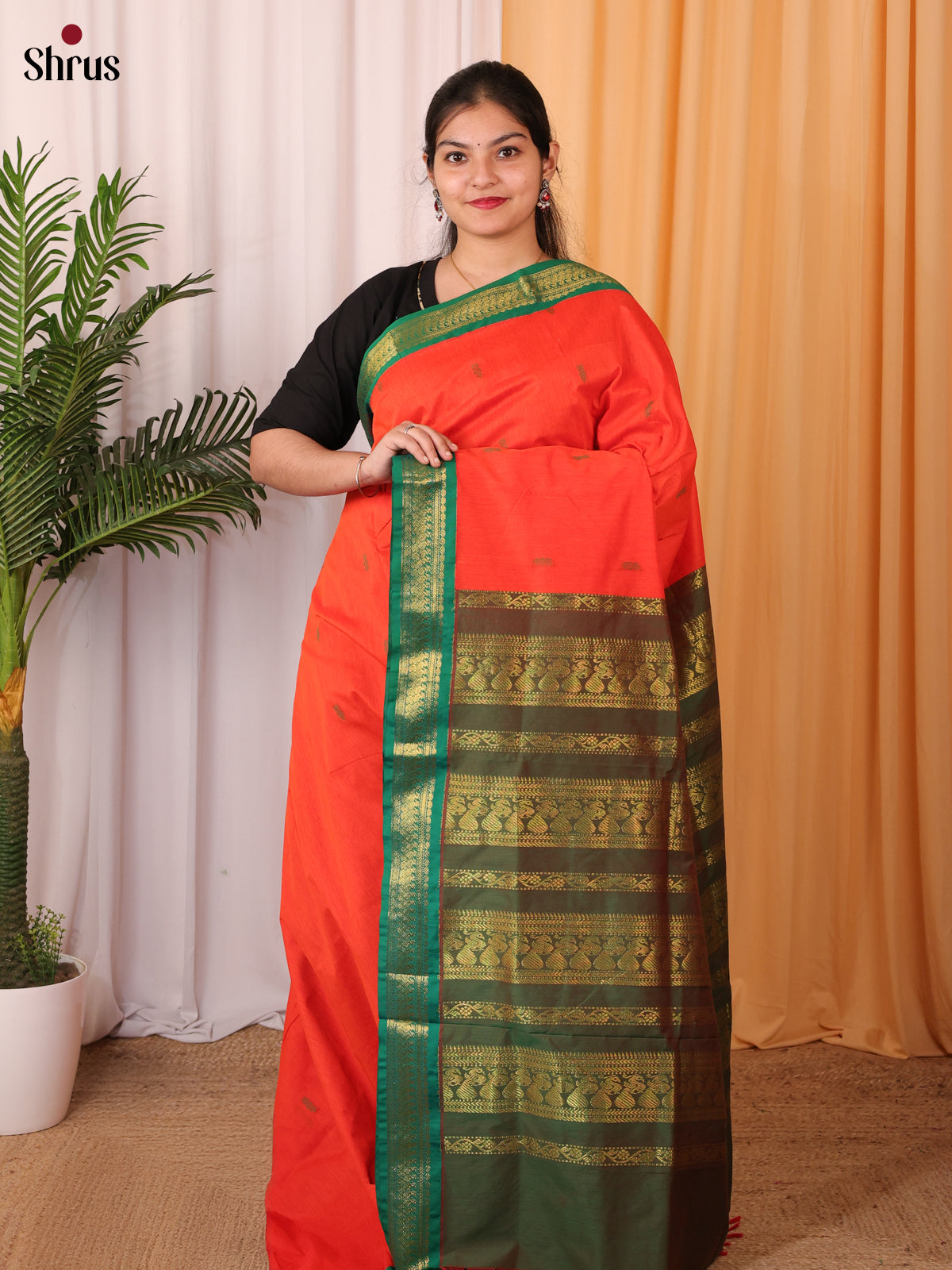 Vibrant Orange Kalyani Cotton Saree With Golden Zari Woven Border in Green. - Shop on Shrus.com
