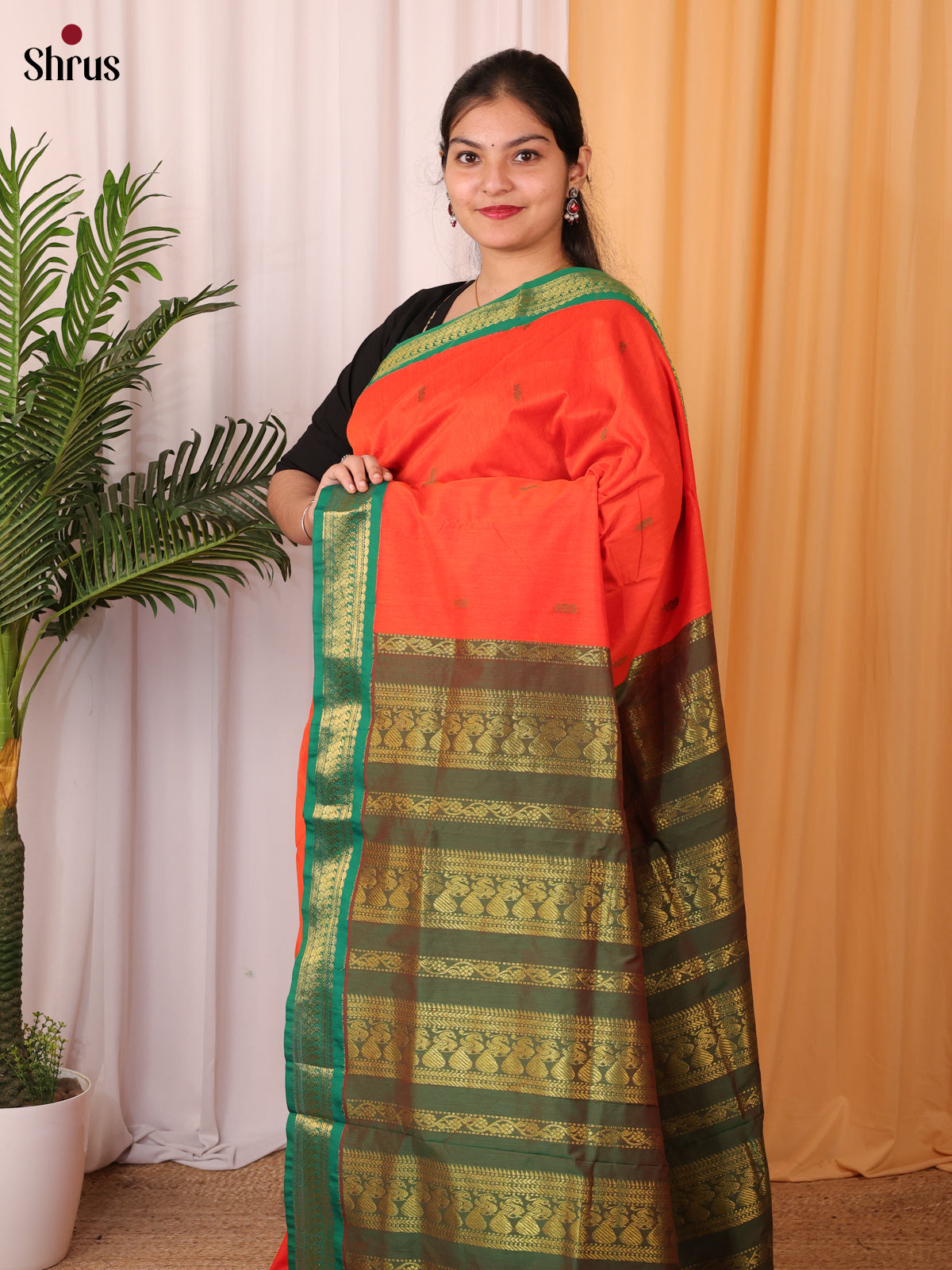 Vibrant Orange Kalyani Cotton Saree With Golden Zari Woven Border in Green. - Shop on Shrus.com