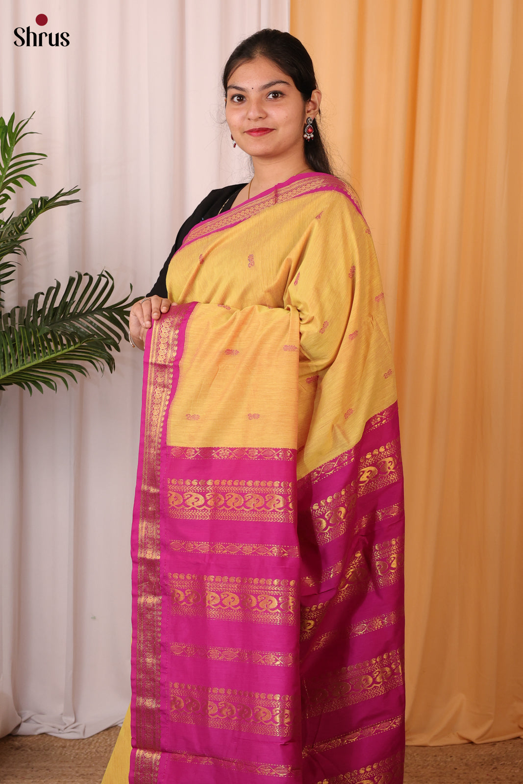 Yellow & Majenta- Kalyani Cotton Saree - Shop on Shrus.com