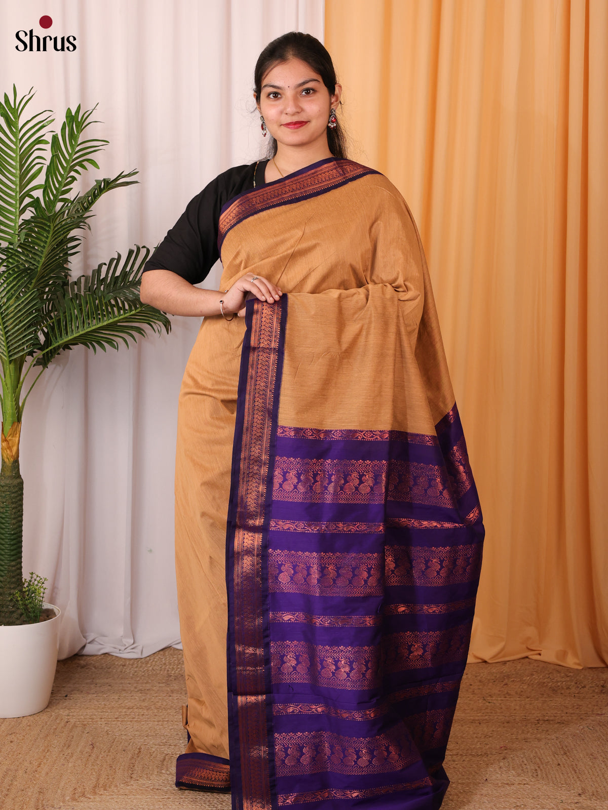 Brown & Violet- Kalyani Cotton Saree - Shop on Shrus.com