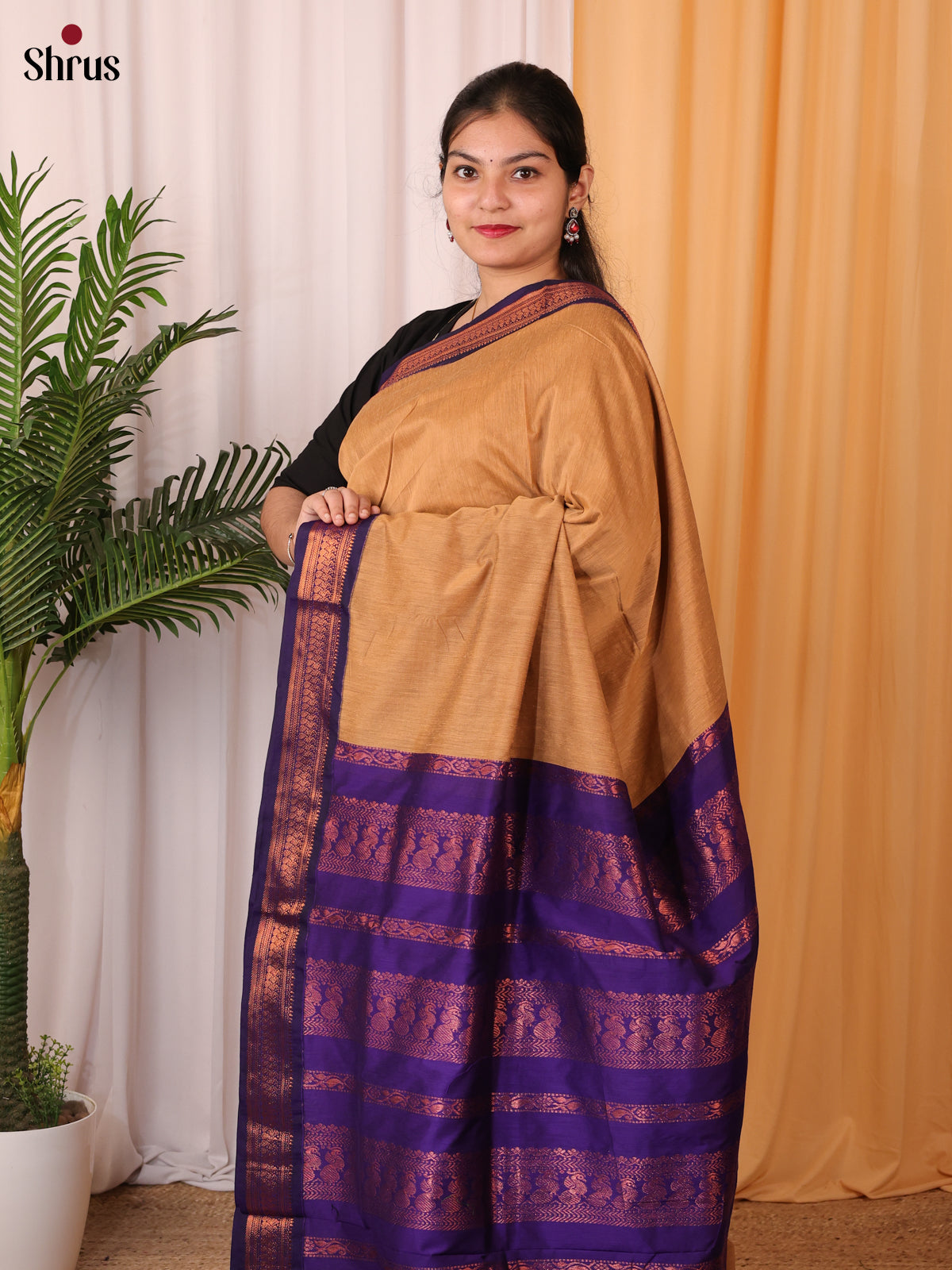 Brown & Violet- Kalyani Cotton Saree - Shop on Shrus.com