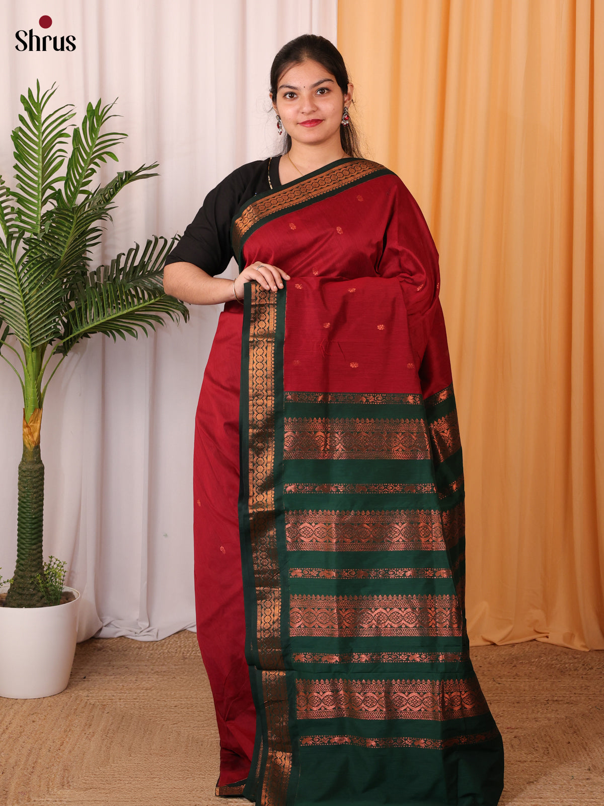 Maroon & Green - Kalyani Cotton Saree - Shop on Shrus.com