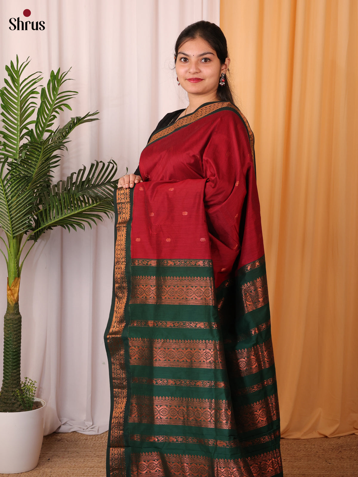 Maroon & Green - Kalyani Cotton Saree - Shop on Shrus.com
