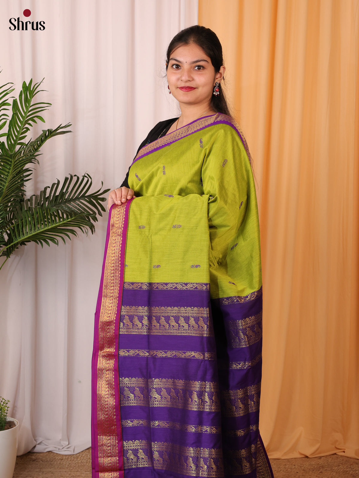 Lite Green & Violet - Kalyani Cotton Saree - Shop on Shrus.com