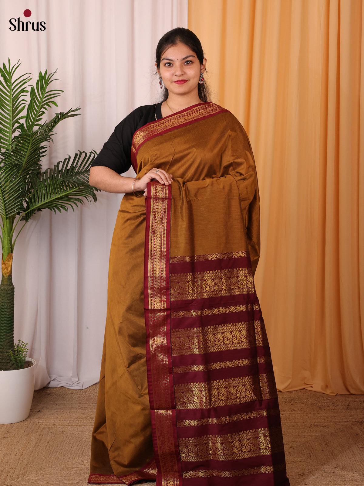 Lite Brown & Maroon - Kalyani Cotton Saree - Shop on Shrus.com