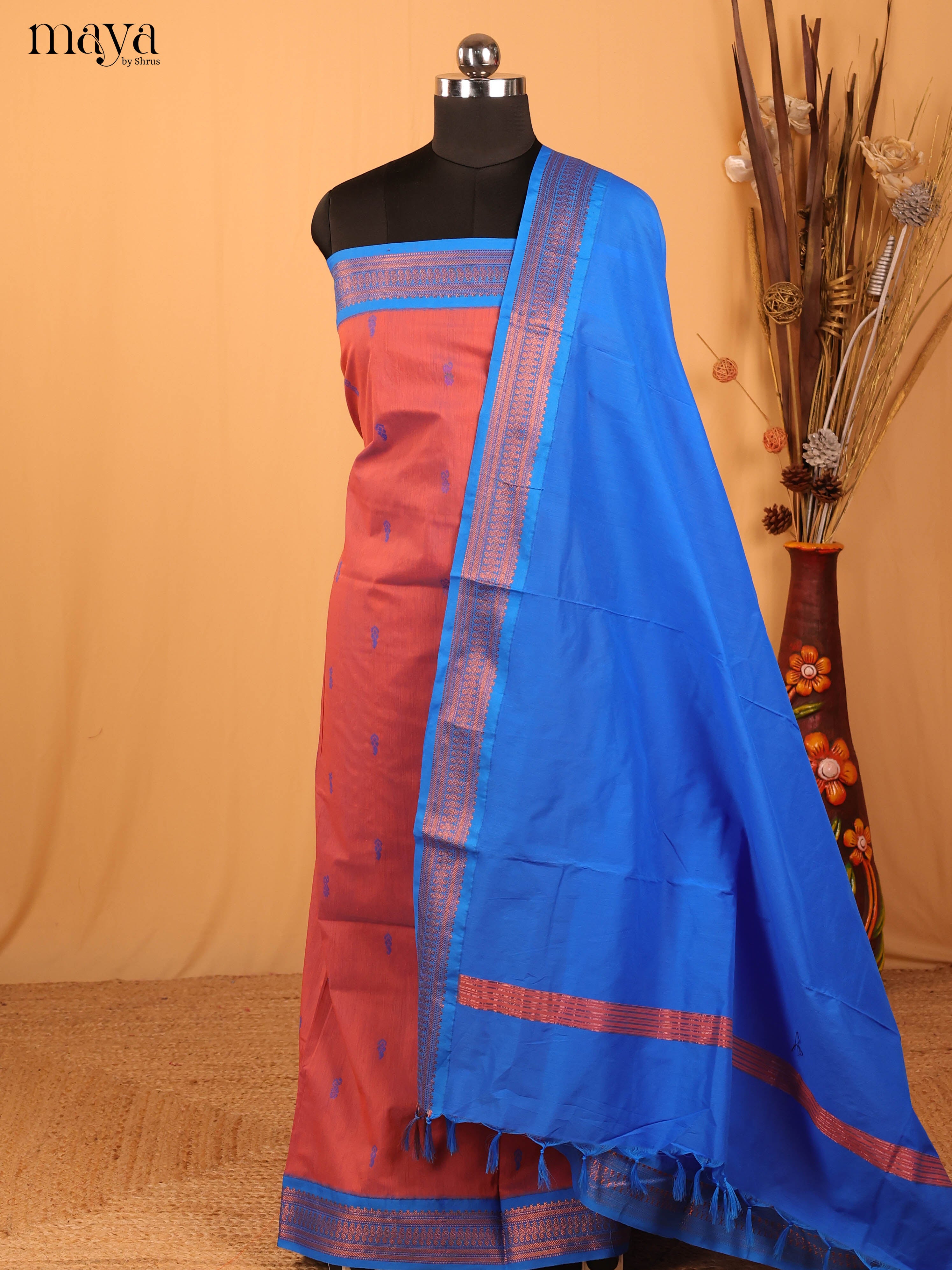 Peach & Blue Kalyani Cotton Unstitched Top & Dupatta- CLS17053 - Shop on Shrus.com
