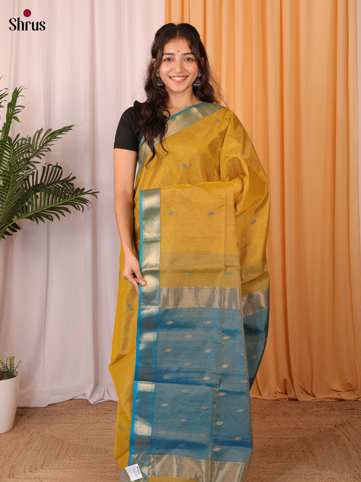 Mustard & Blue - Maheshwari silkcotton Saree - Shop on Shrus.com