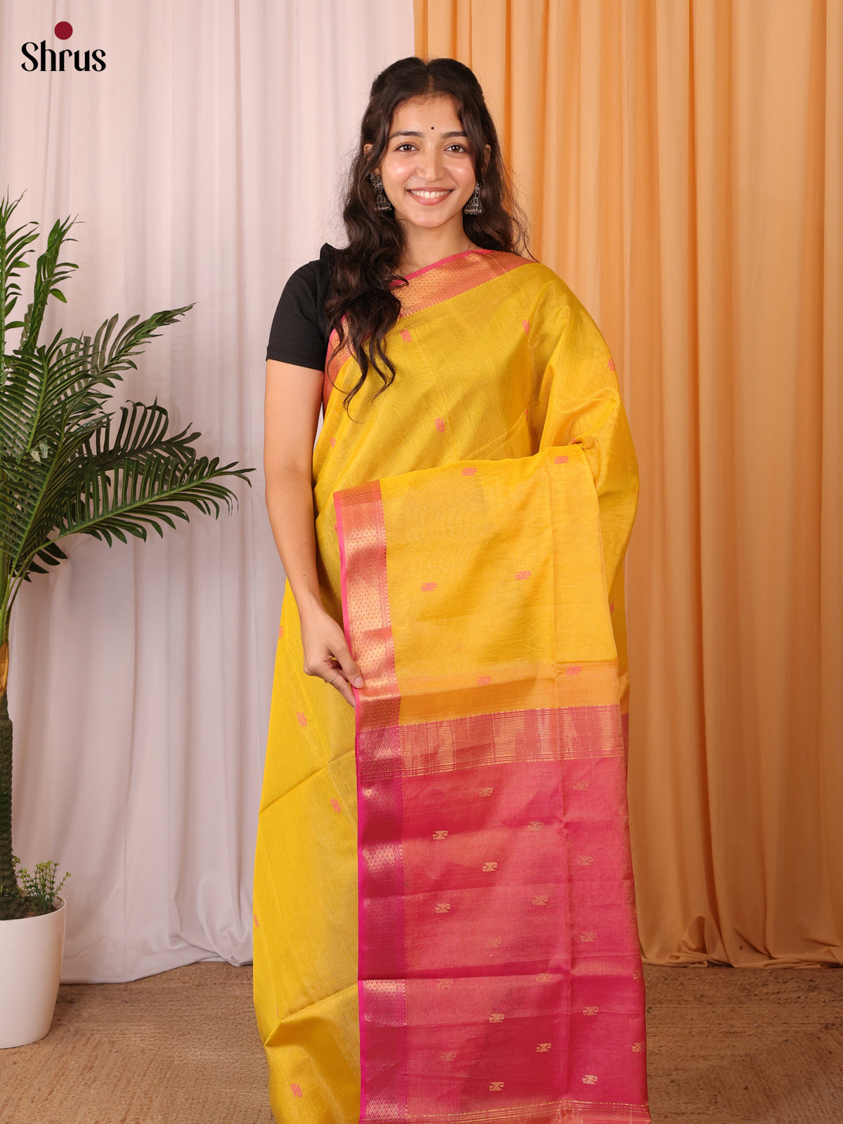 Yellow & Pink- Maheshwari silkcotton Saree - Shop on Shrus.com