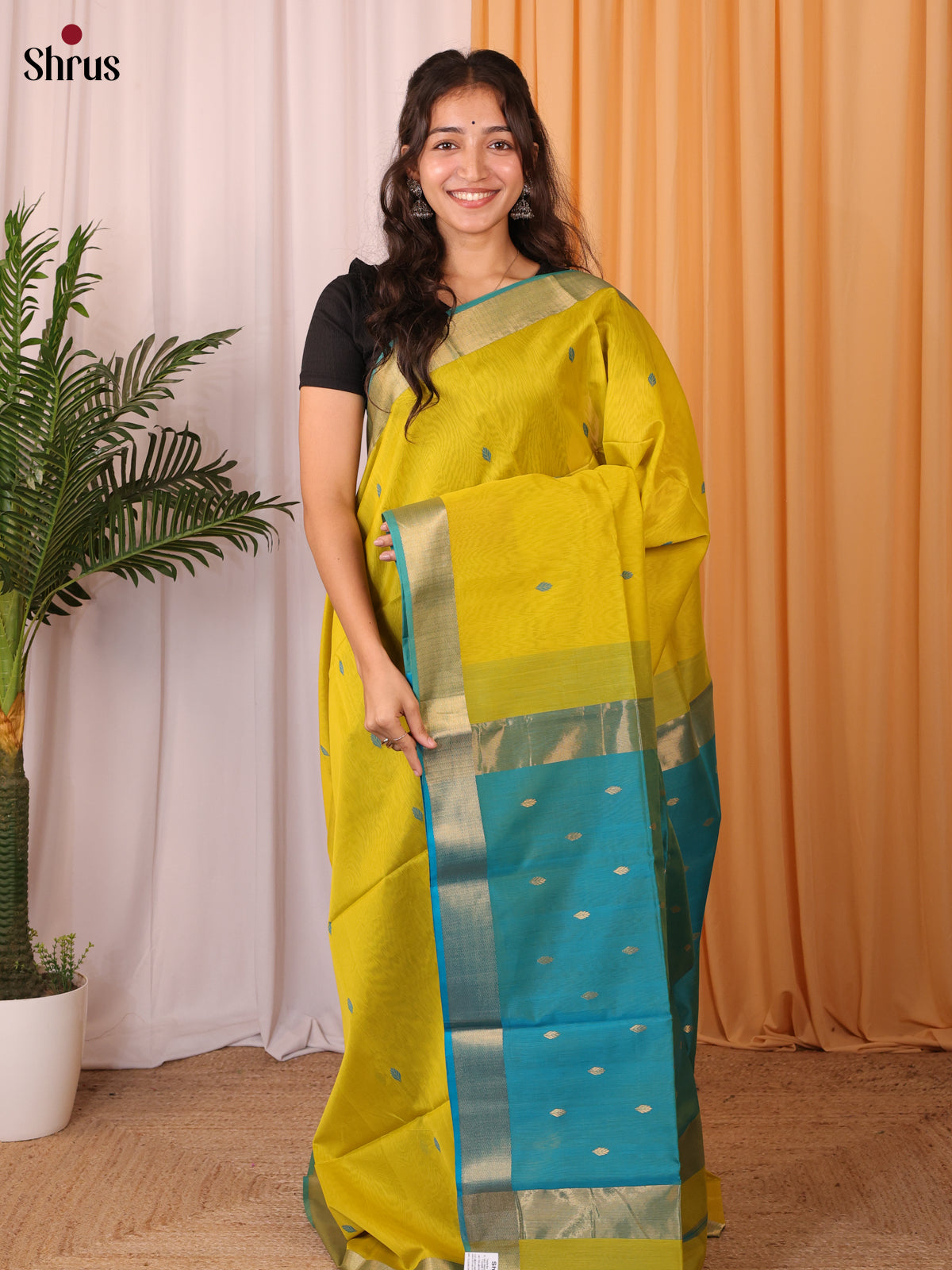 Yellow & Blue - Maheshwari silkcotton Saree - Shop on Shrus.com