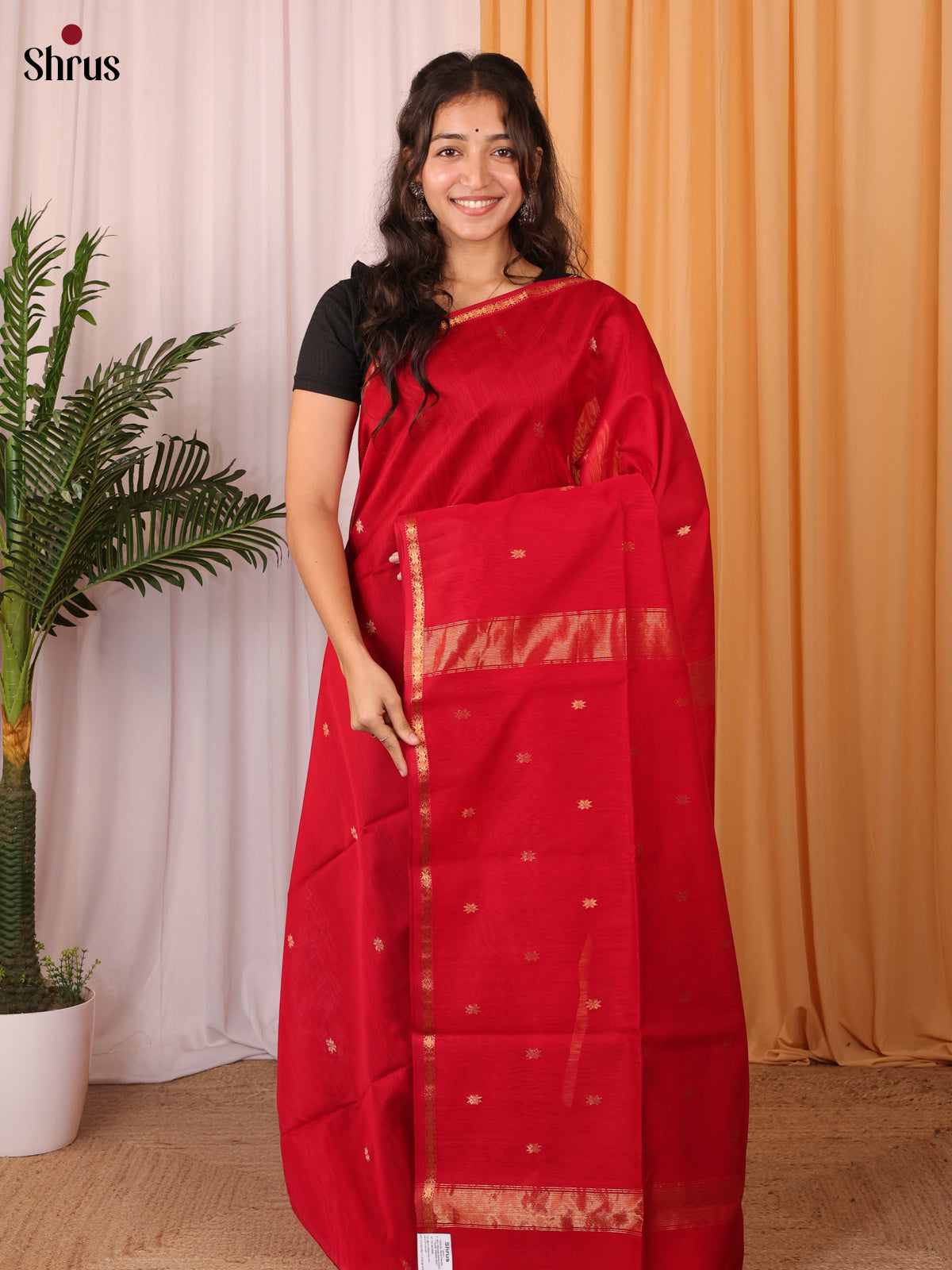 Red(Single Tone) - Maheshwari silkcotton Saree - Shop on Shrus.com