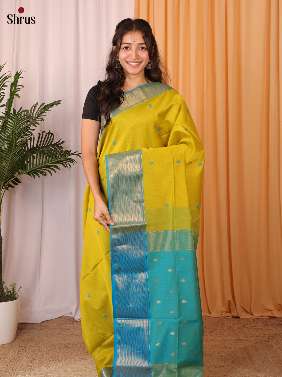 Mustard & Blue - Maheshwari silkcotton Saree - Shop on Shrus.com