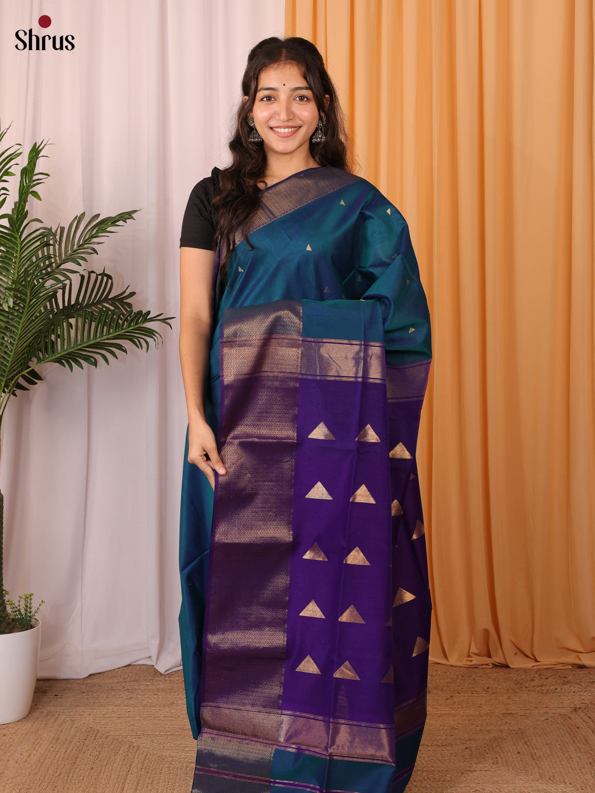 Blue & Violet- Maheshwari silkcotton Saree - Shop on Shrus.com