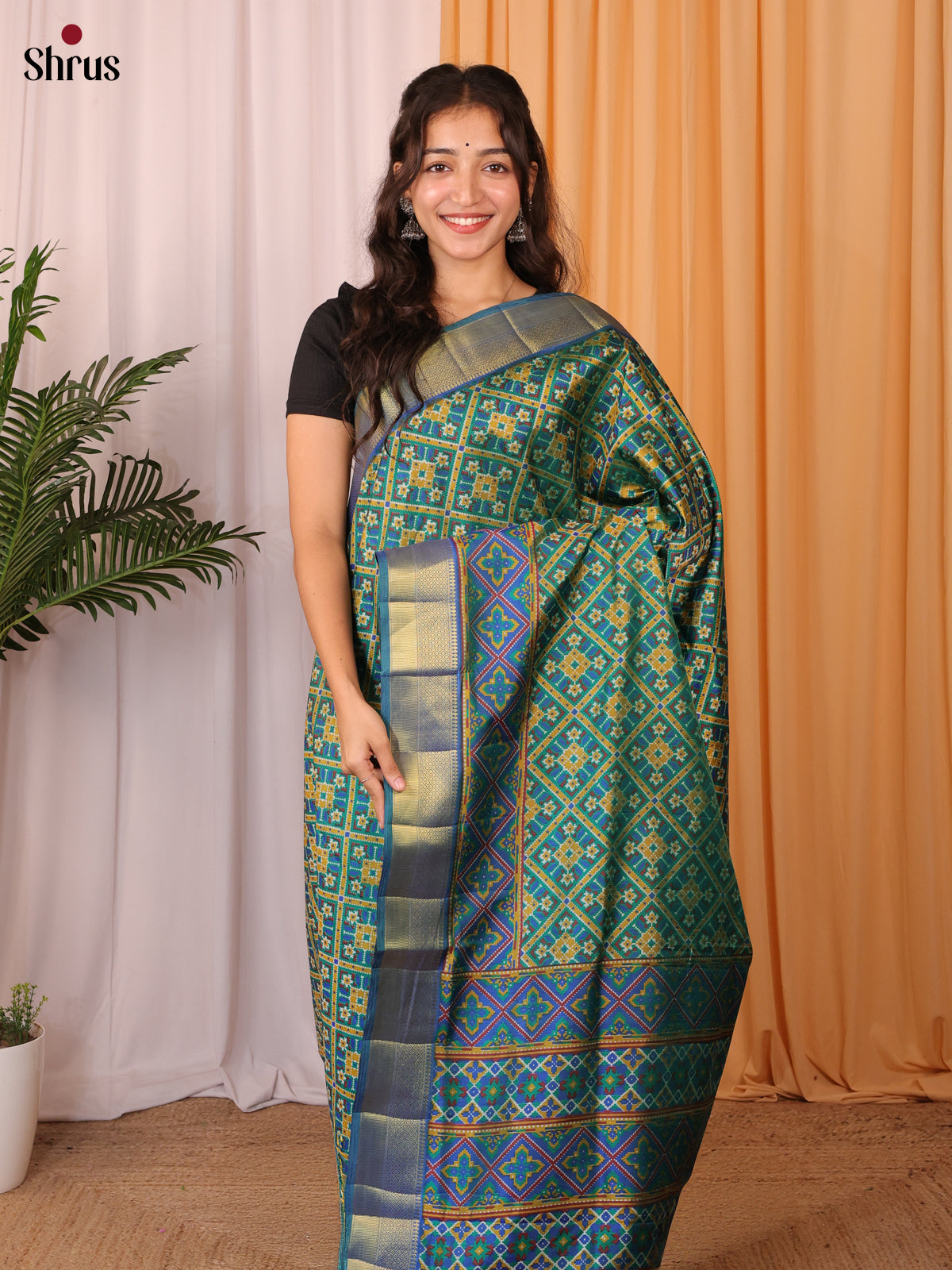 Green & Blue - Semi Patola Saree - Shop on Shrus.com