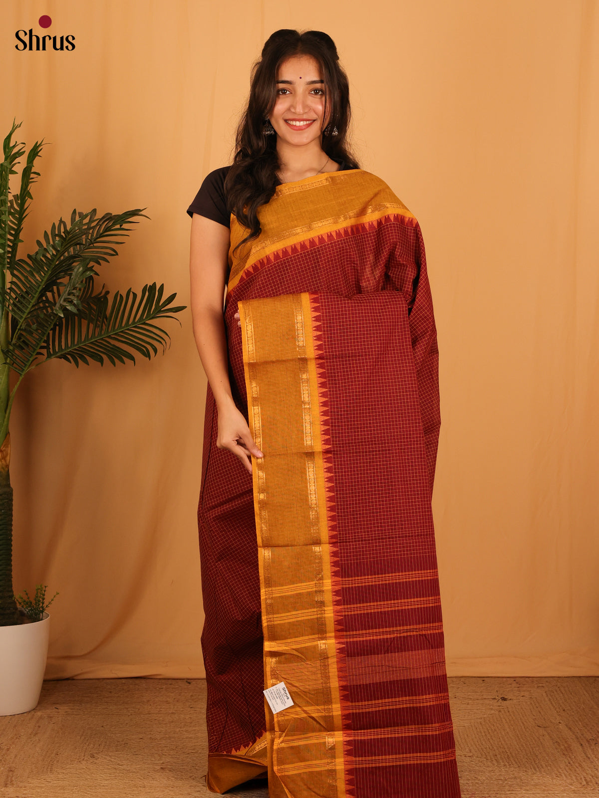 Maroon & Mustard - Chettinad Cotton Saree - Shop on Shrus.com