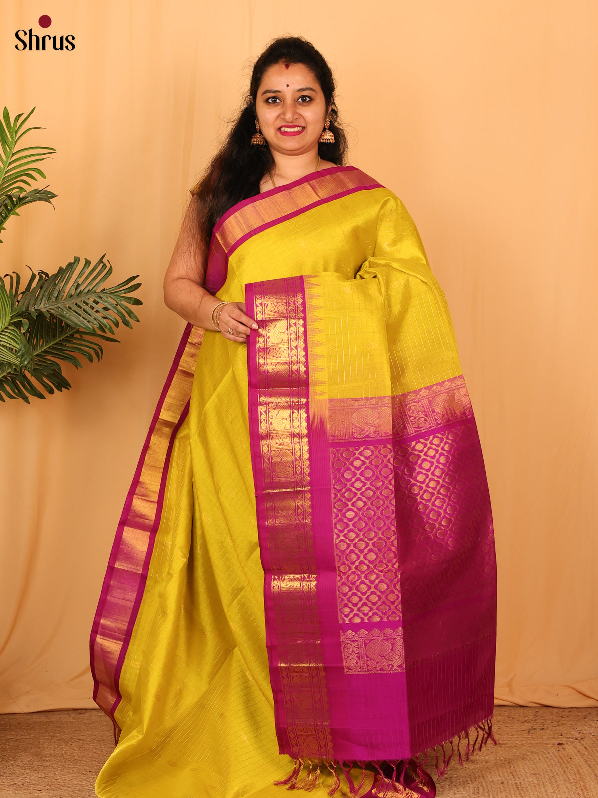 Mustardy Green & Pink - Silk Cotton Saree - Shop on Shrus.com