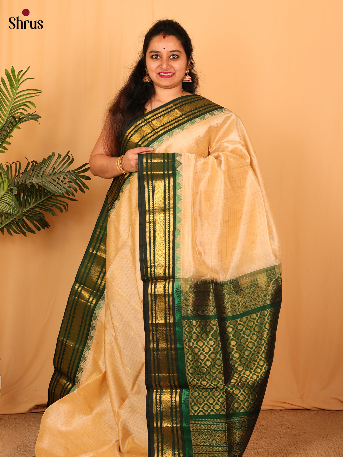Ivory & Green- Silk Cotton Saree - Shop on Shrus.com