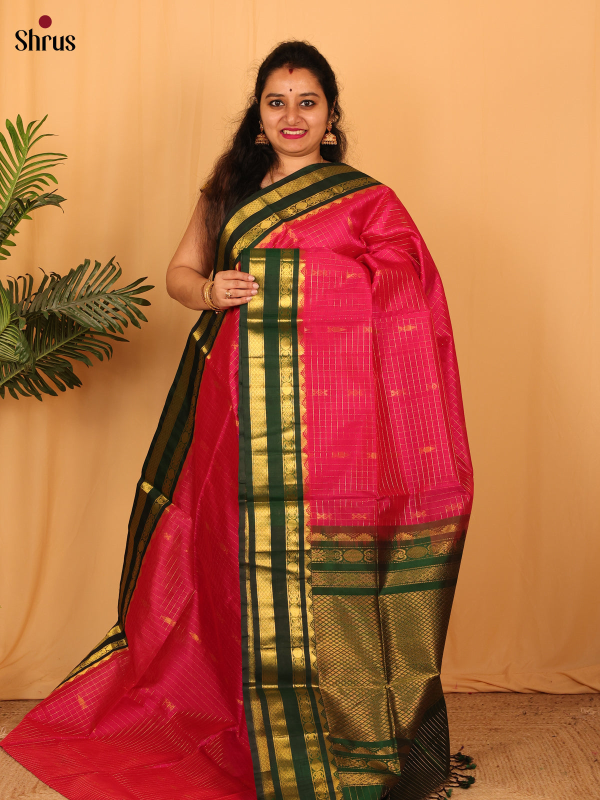 Pink & Green- Silk Cotton Saree - Shop on Shrus.com
