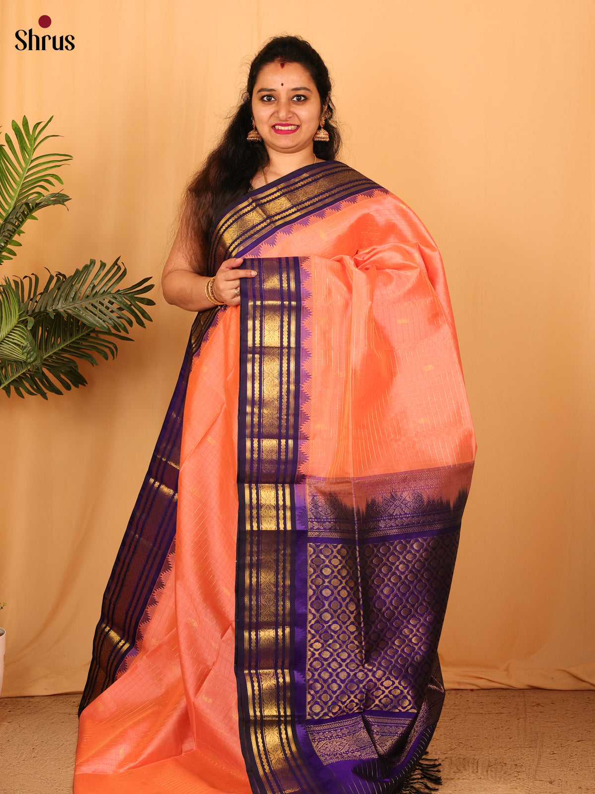 Peach & Violet- Silk Cotton Saree - Shop on Shrus.com