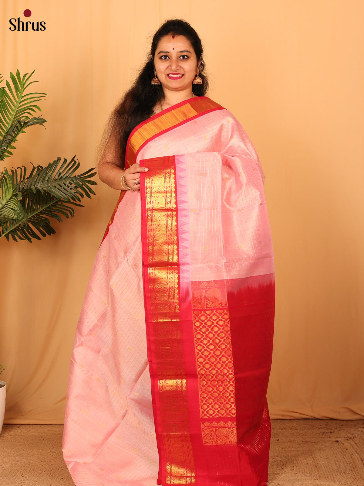 Pink & Red - Silk Cotton Saree - Shop on Shrus.com