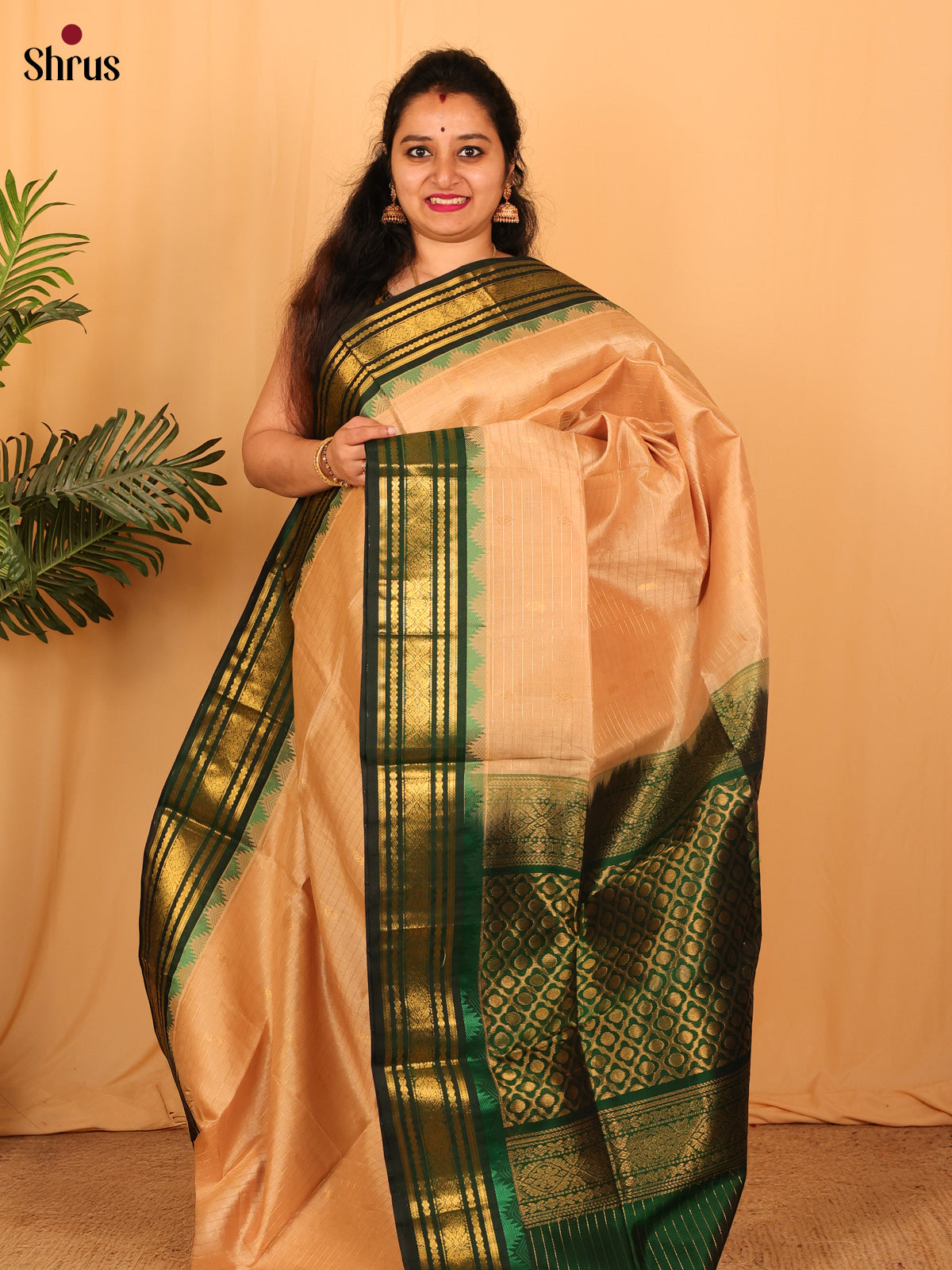 Peach & Green - Silk Cotton Saree - Shop on Shrus.com