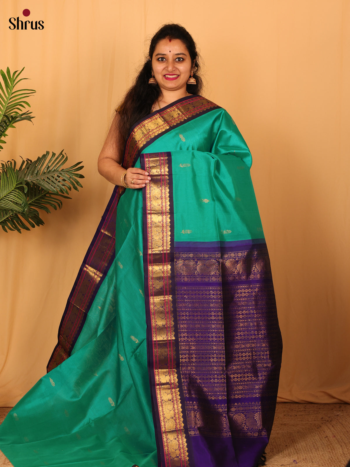 Teal Green & Violet - Silk Cotton Saree - Shop on Shrus.com