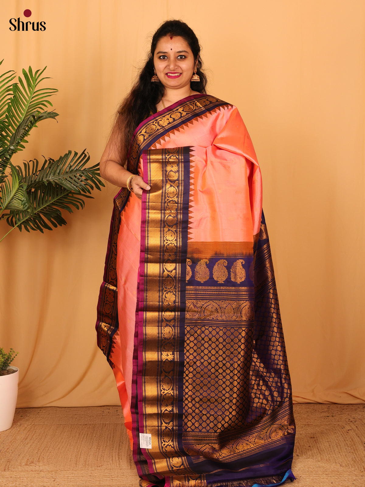Peach & Blue - Gadwal silk Saree - Shop on Shrus.com