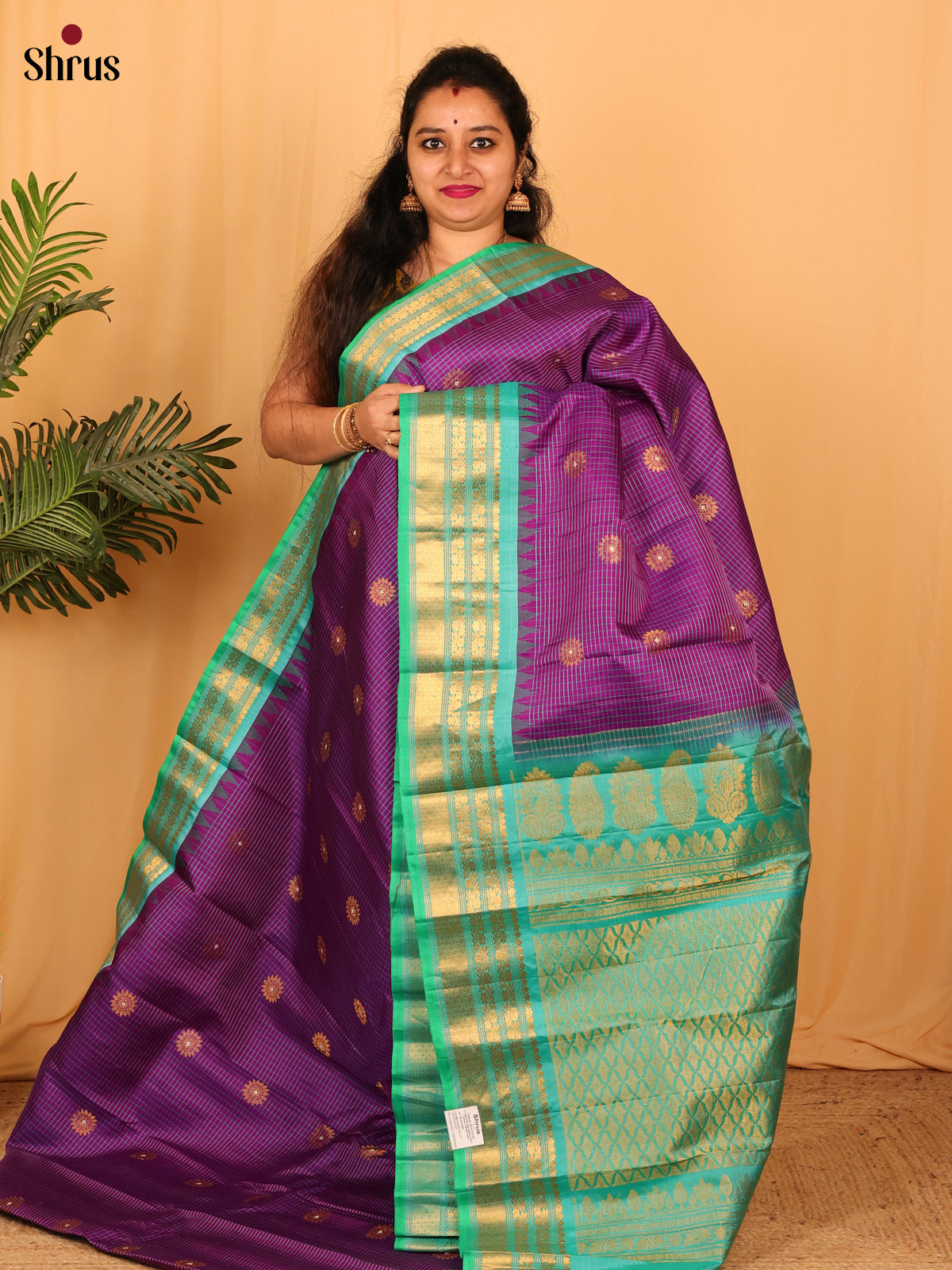Beautiful Violet Gadwal Silk Saree with Zari Checks & Zari Teal Border