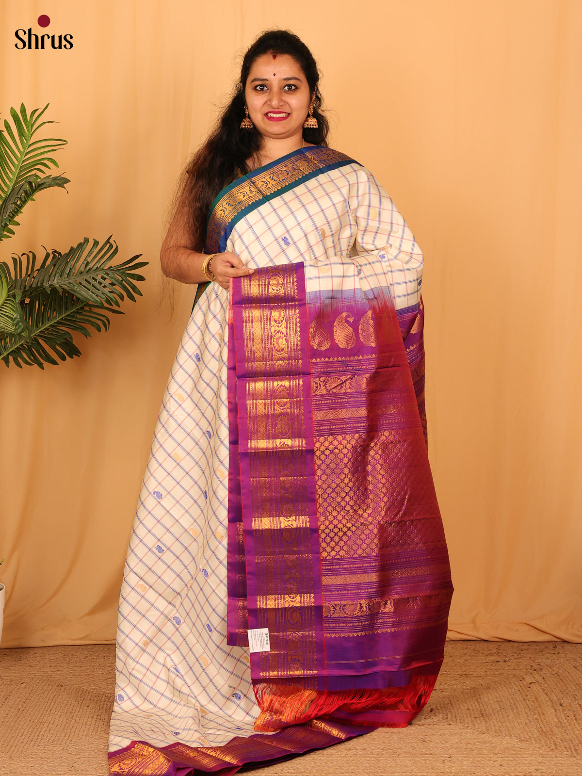 Cream & Purple - Gadwal silk Saree - Shop on Shrus.com