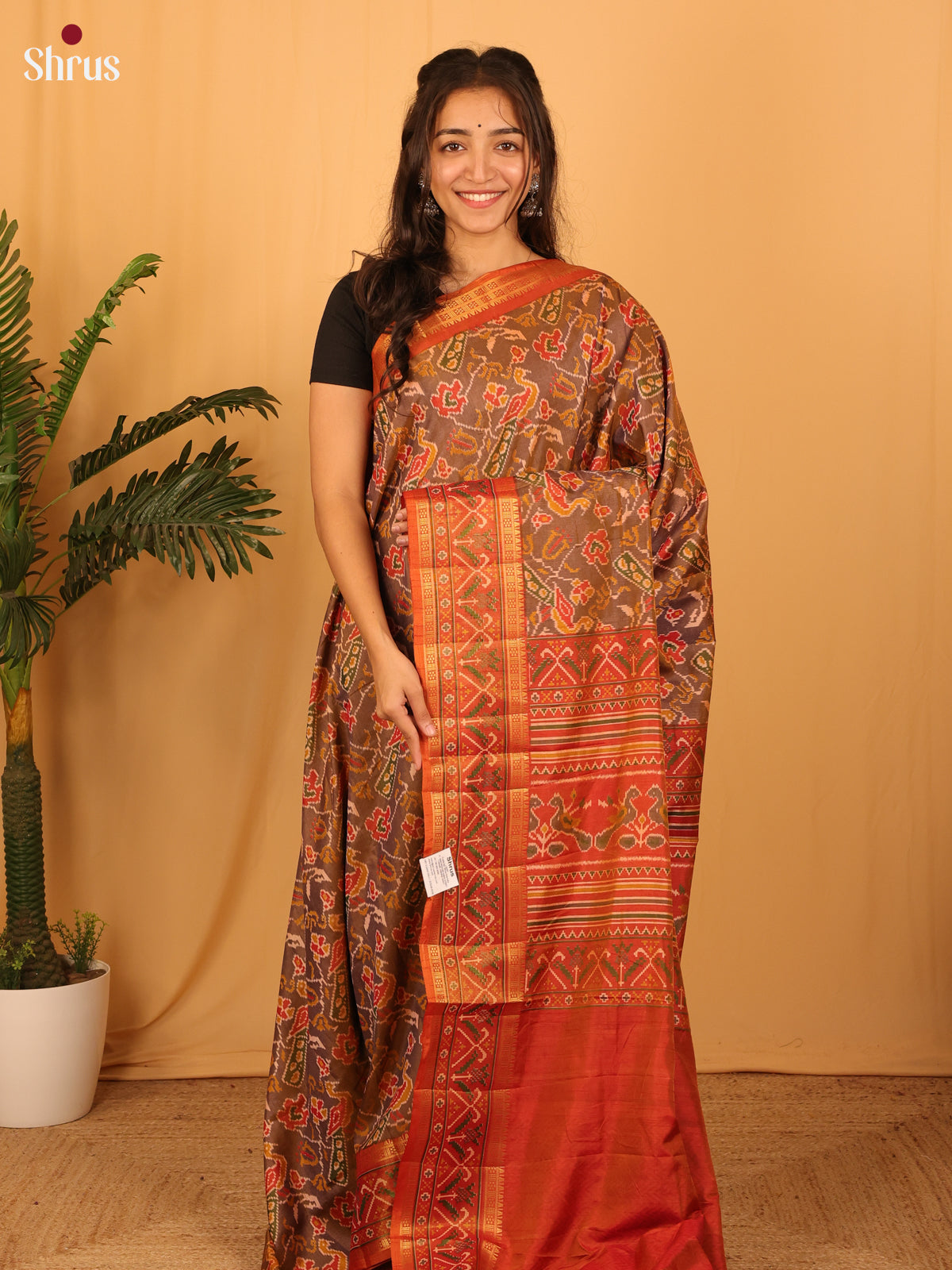 Brown & Orange- Semi Patola Saree - Shop on Shrus.com