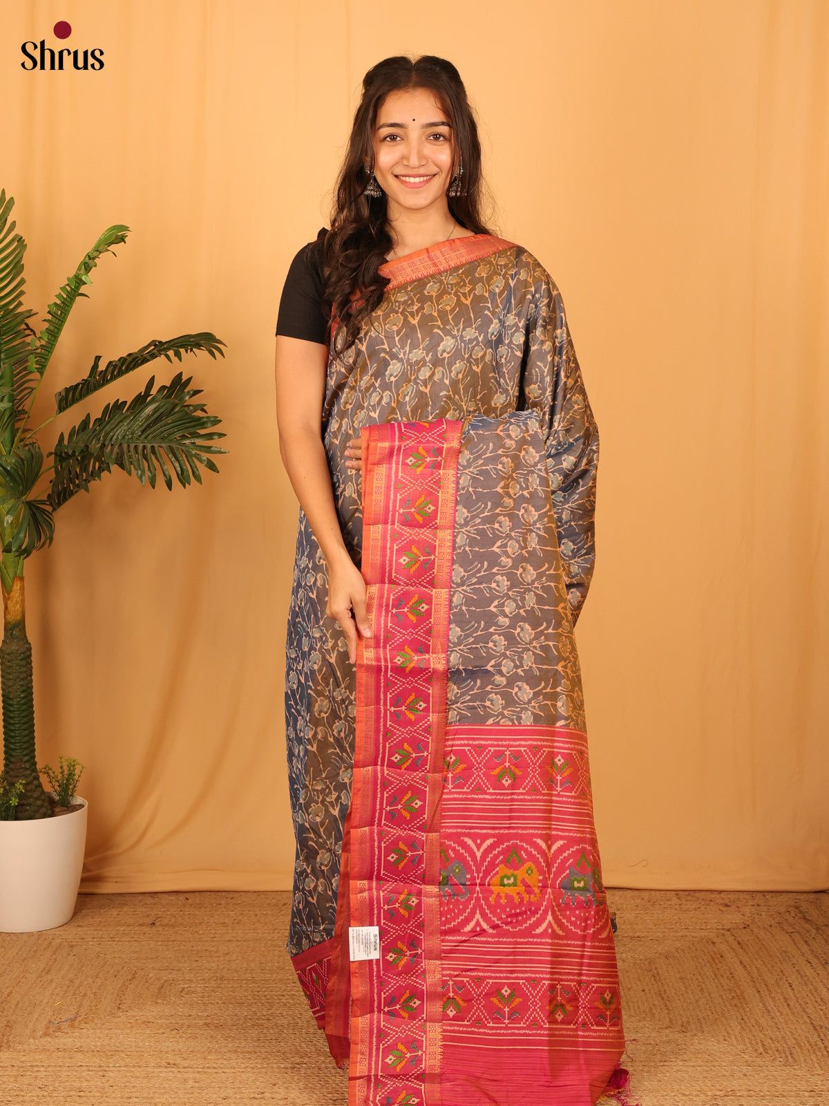 Grey & Pink - Semi Patola Saree - Shop on Shrus.com