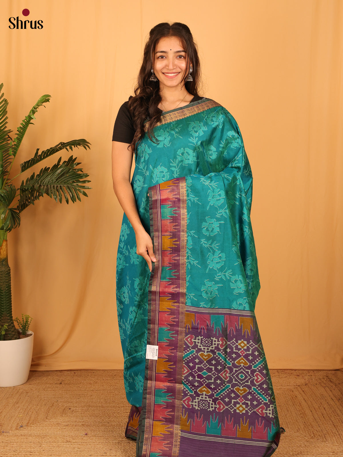 Teal & Purple- Semi Patola Saree - Shop on Shrus.com