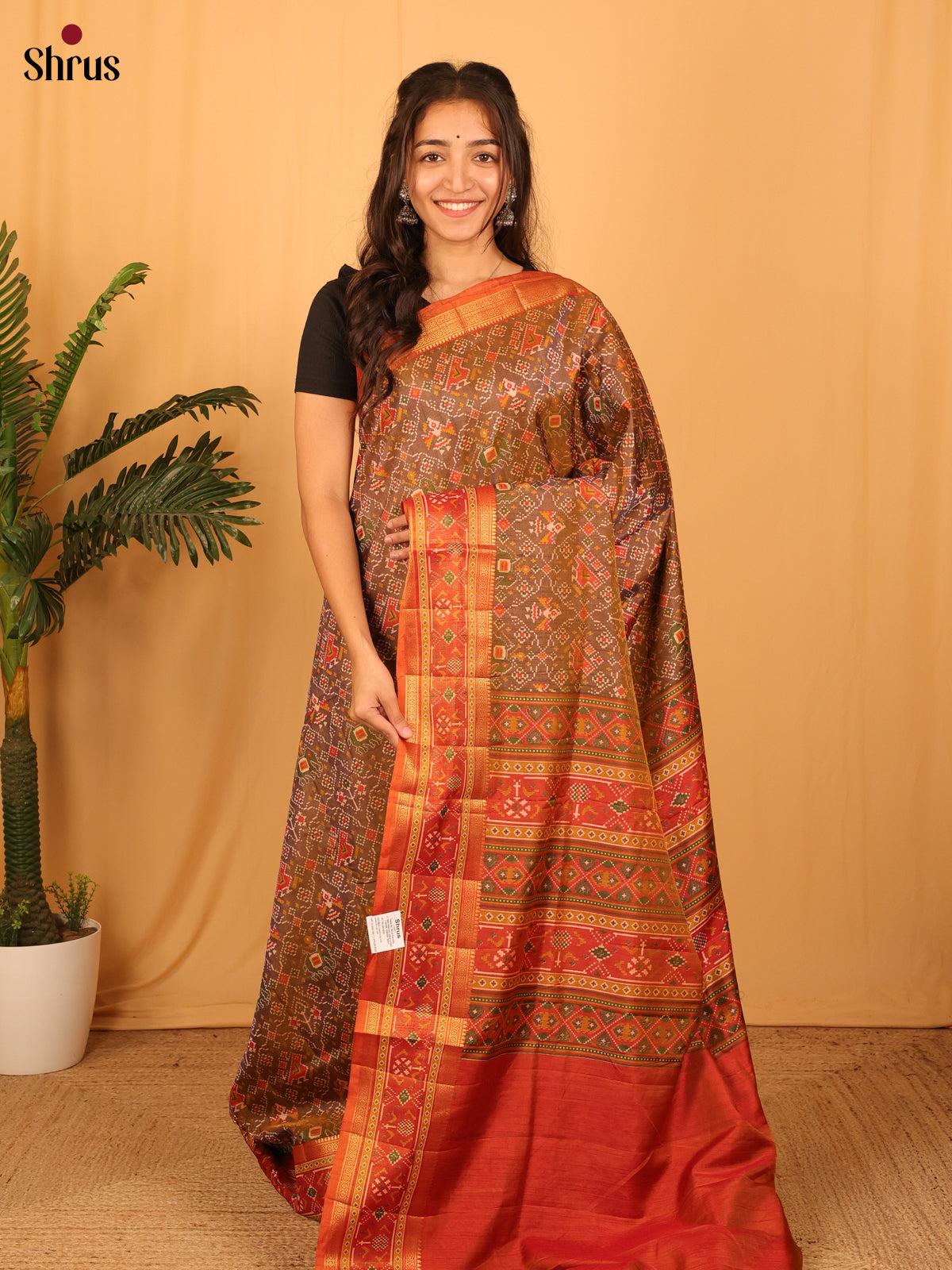 Brown & Orange - Semi Patola Saree - Shop on Shrus.com