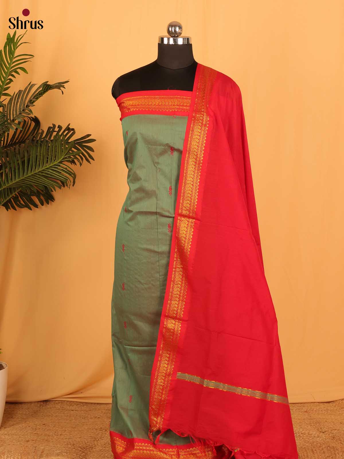 Green & Red- Kalyani Cotton unstitched Top & Dupatta - CLS30008 - Shop on Shrus.com