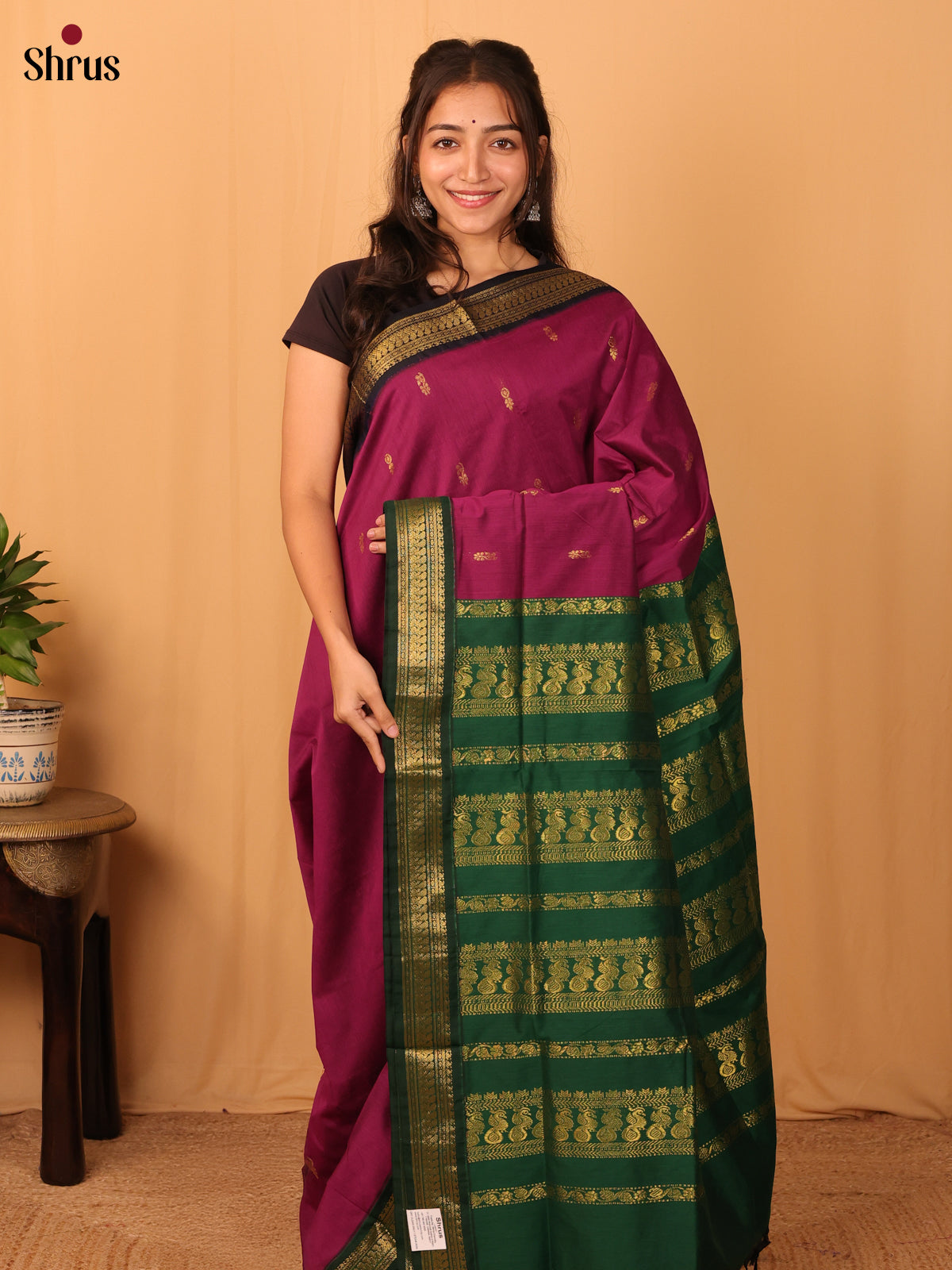 Maroon & Green - Kalyani Cotton Saree - Shop on Shrus.com