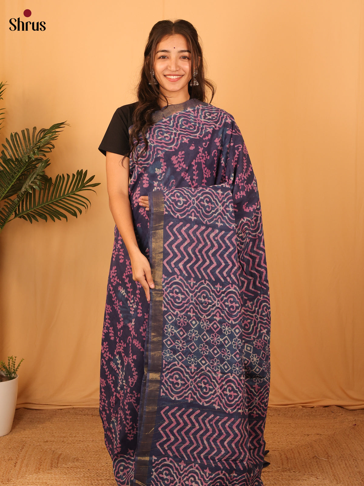 Dark Blue - Semi Chanderi Saree - Shop on Shrus.com