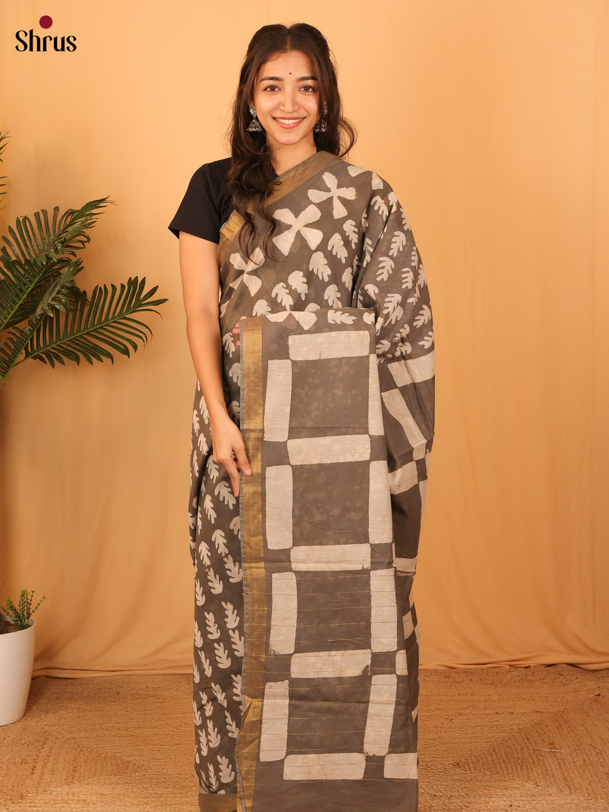 Grey - Semi Chanderi Saree - Shop on Shrus.com