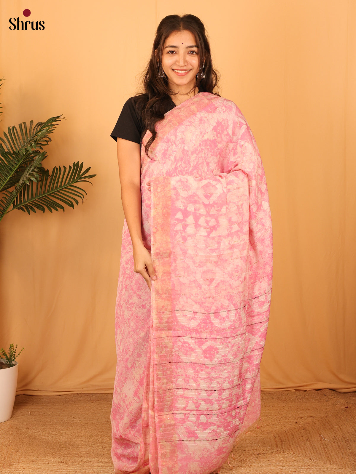 Pink - Semi Chanderi Saree - Shop on Shrus.com