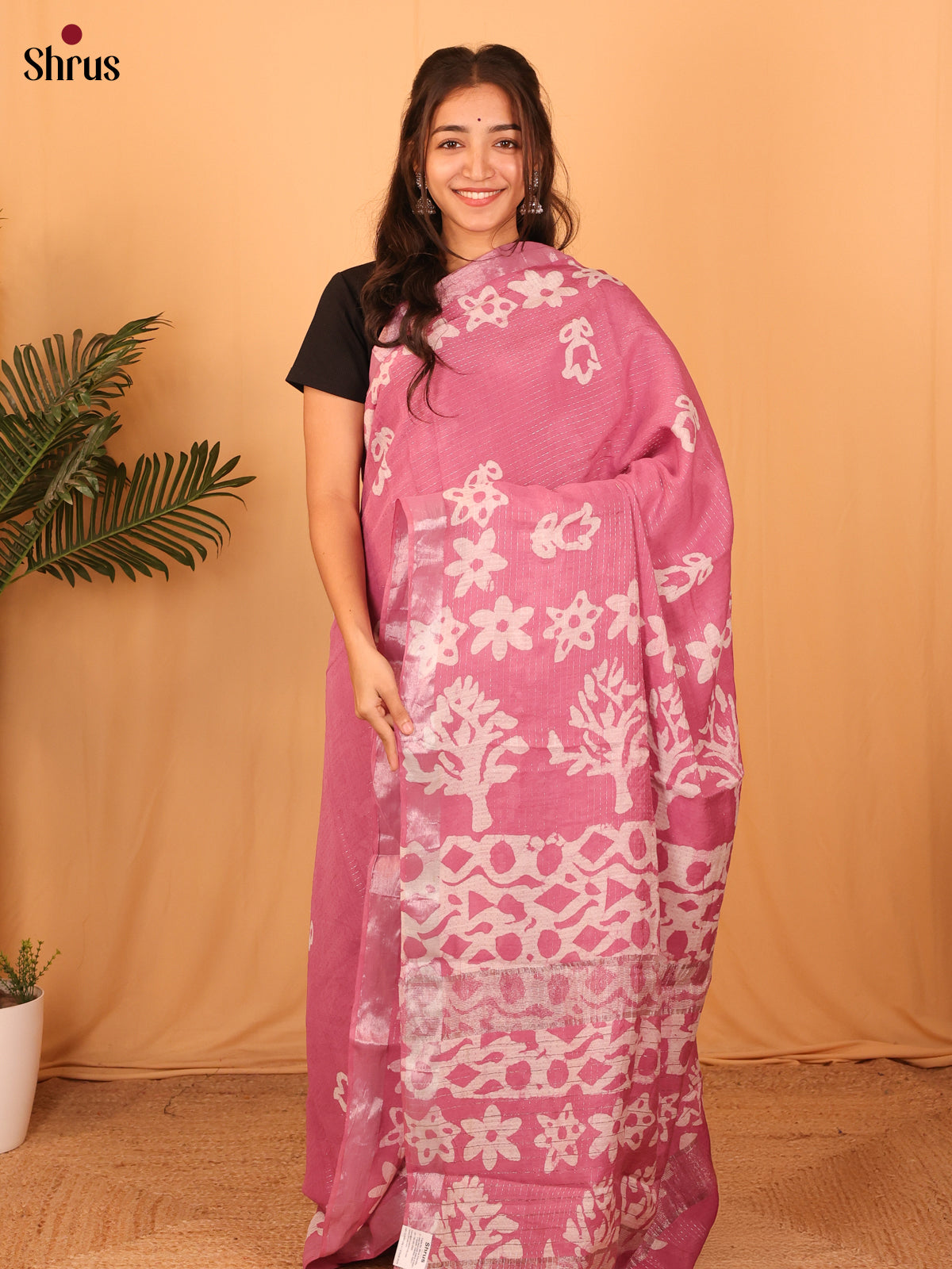 Pink - Semi Chanderi Saree - Shop on Shrus.com